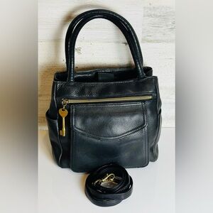 Vintage Fossil 75082 Black Leather Purse Too Handle With Fossil Key Charm
